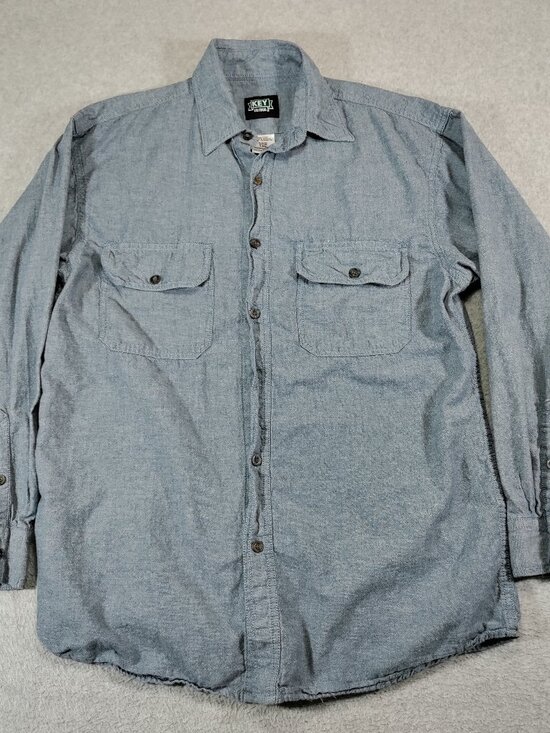 KEY Work Shirt Mens Large Blue Chambray 100% Cotton Long Sleeve Button Down - Picture 1 of 6